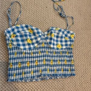 Blue Gingham Floral Smocked Bustier Crop Top